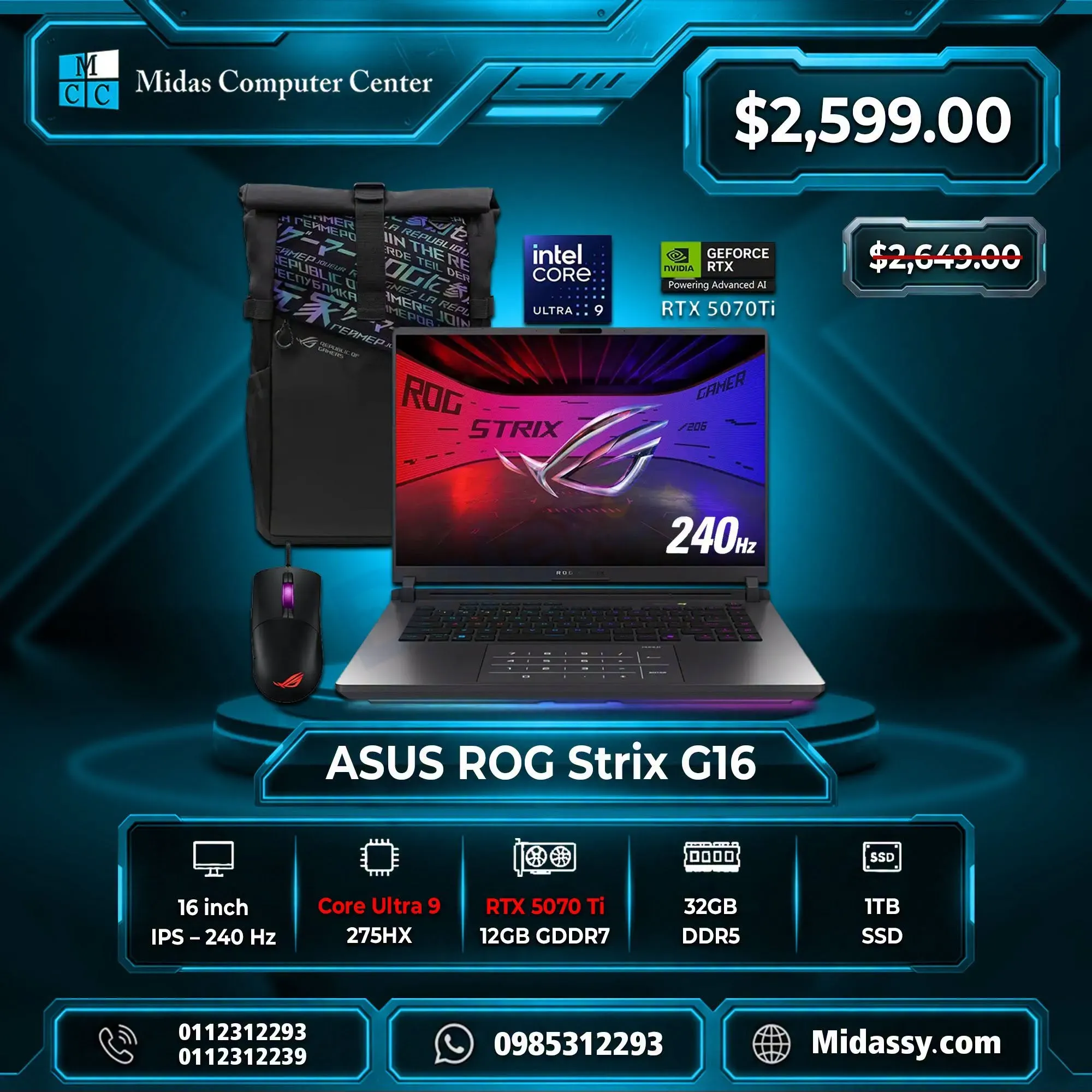 لابتوب ASUS ROG Strix G16 للبيع + ماوس احترافية + حقيبة لابتوب من ASUS في دمشق