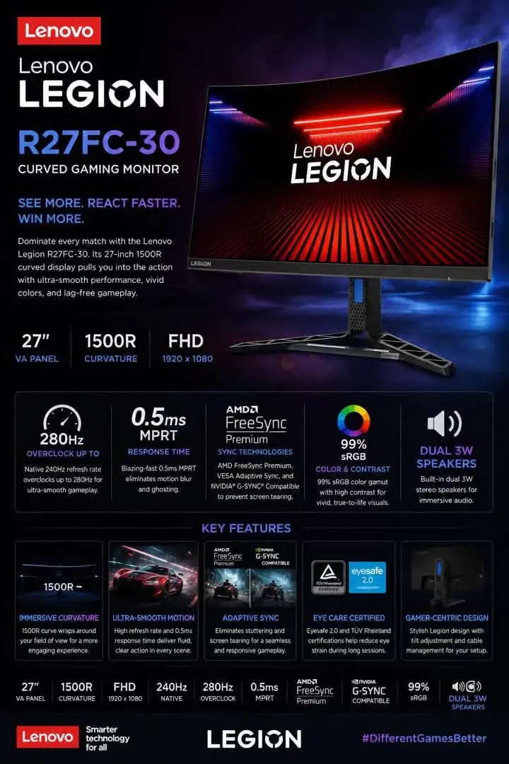 شاشة LENOVO MONITOR LEGION R27FC-30 للبيع جديد